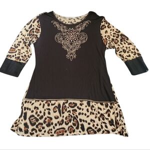 Leopard Boho Embellished Tunic Top Large Black Beaded Western Y2K